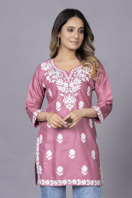 MAAIMPEX Women Chikan Embroidery A-line Kurta(Pink)