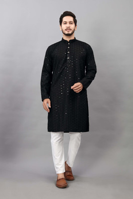 ALMORA Men Embroidered A-line Kurta(Black)