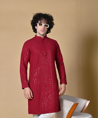 MAAHI FAB Men Chikan Embroidery Straight Kurta(Red)
