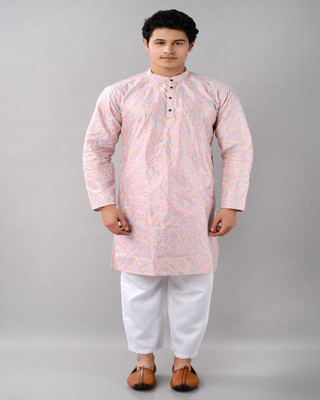 VILLAIN Men Printed A-line Kurta(Pink)