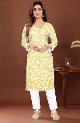 NOXEN Women Floral Print, Printed Straight Kurta(Yellow)