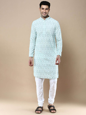 ANOUK Men Geometric Print Straight Kurta(Light Blue)