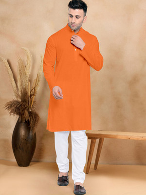 Fahionfricks Men Solid Straight Kurta(Orange)