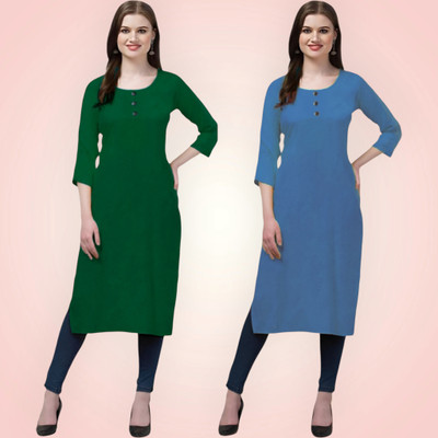 Coft Women Solid Straight Kurta(Blue, Green)