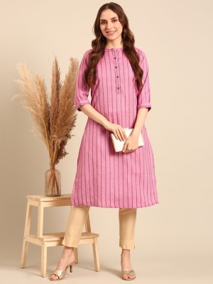 ANOUK Women Striped Straight Kurta(Pink)