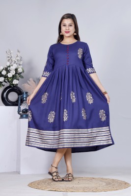 sang Women Printed Gown Kurta(Blue)