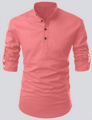 OMKAR EN TRENDS Men Solid Straight Kurta(Pink)