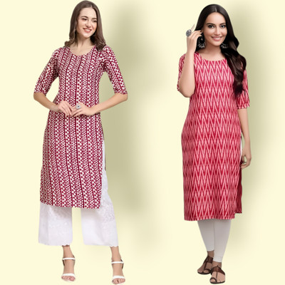 HouseOfCommon Women Printed Straight Kurta(Pink, White)