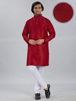 trueoath Men Block Print Straight Kurta(Red, Maroon)