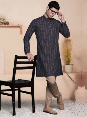 Indo Era Men Printed Straight Kurta(Dark Blue, Brown)