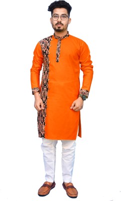 Rainbow Cloths Men Printed Straight Kurta(Orange)