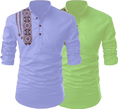 Kavyangle Creation Men Printed Straight Kurta(Blue, Light Green)