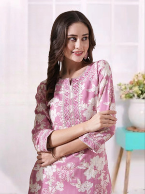 Wawlooks Women Floral Print Straight Kurta(Pink)