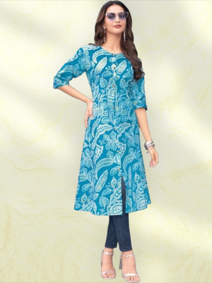 ABHI FAB Women Printed Straight Kurta(Blue)