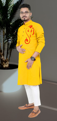 Mamta fab Men Printed Straight Kurta(Yellow)