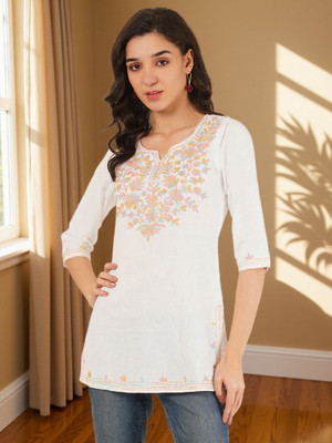 Miss Peach Women Embroidered A-line Kurta(White)