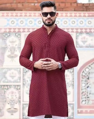 NTIFIC Men Chikan Embroidery Straight Kurta(Maroon)