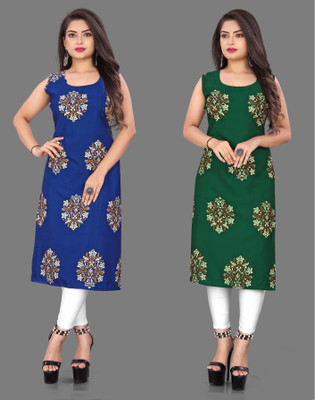 Hiral Creation Women Floral Print Straight Kurta(Blue, Green)