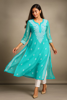 VELORA Women Embroidered Straight Kurta(Blue)