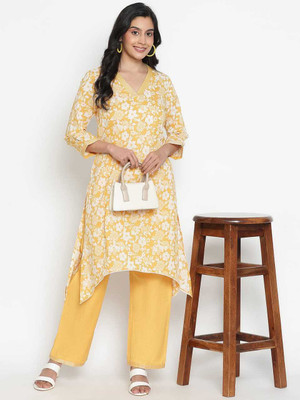 GLADLY Women Floral Print Straight Kurta(Yellow, White)