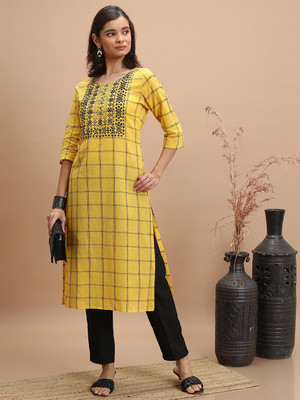 Vishudh Women Checkered Straight Kurta(White, Black)