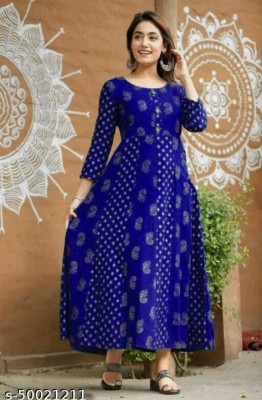 AO Fabrico Women Floral Print Anarkali Kurta(Blue)