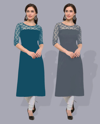 Maheshvi Women Embroidered Straight Kurta(Blue)