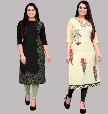 Hiral Creation Women Floral Print Straight Kurta(Grey, Beige)