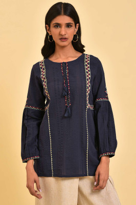 W Women Embroidered A-line Kurta(Dark Blue)