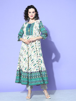 all about you Women Printed A-line Kurta(White)