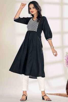 Glomee Women Embroidered Flared Kurta(Dark Blue, White)