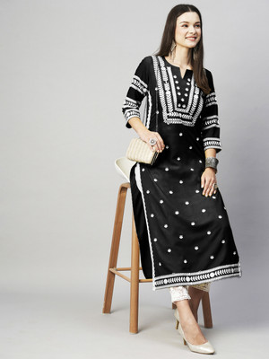 JB TEX Women Self Design Straight Kurta(Black)
