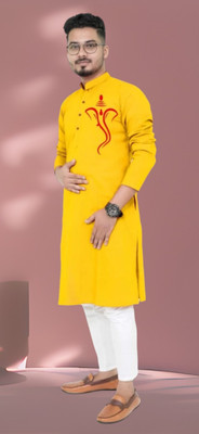 biswass Men Printed Straight Kurta(Yellow)