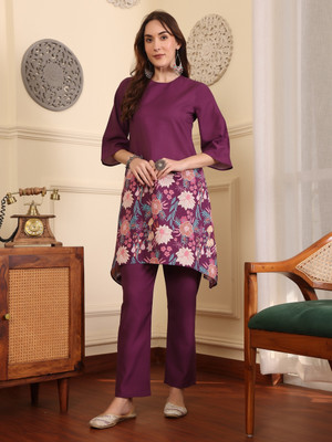 Adornia Women Floral Print Straight Kurta(Purple)