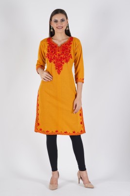 CROWNKING Women Embroidered Straight Kurta(Yellow)