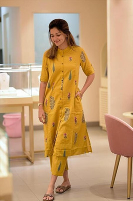 zonpik Women Printed A-line Kurta(Yellow)