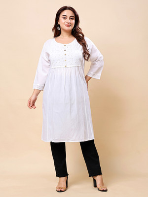 VAAMII Women Embroidered A-line Kurta(White)