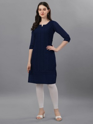 Fashion2wear Women Chikan Embroidery Straight Kurta(Blue)