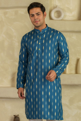 LEMONX Men Printed Straight Kurta(Blue)