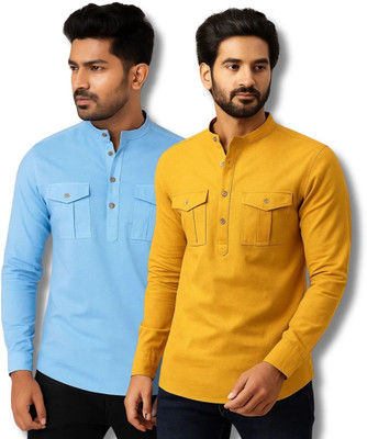 RANGFIT Men Solid Straight Kurta(Light Blue, Yellow)