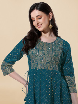 MIRCHI FASHION Women Solid, Block Print Anarkali Kurta(Blue, Gold)