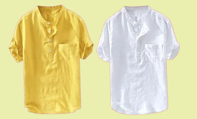 SuperTrend Men Solid Straight Kurta(Yellow, White)