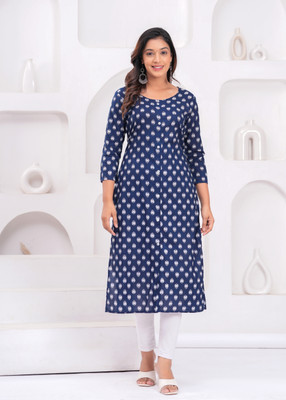 nisken Women Printed Straight Kurta(Blue)
