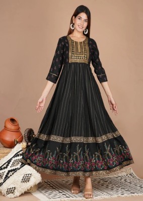 FABAACHI Women Printed Anarkali Kurta(Black, Gold, Red)