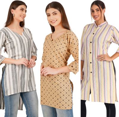 Finekraft Women Self Design, Printed, Striped Straight Kurta(Grey, Beige, Multicolor)