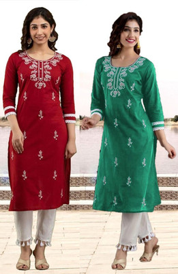vikshi Women Embroidered Straight Kurta(Multicolor)