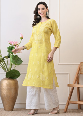 Chikirpolo Women Chikan Embroidery Straight Kurta(Yellow)