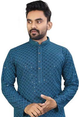 LYPLO Men Embellished Straight Kurta(Dark Blue)