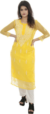 Lucknowi Poshaak Chikankari Women Chikan Embroidery Straight Kurta(Yellow)