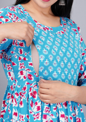 SONOVELY Women Printed Flared Kurta(Light Blue)